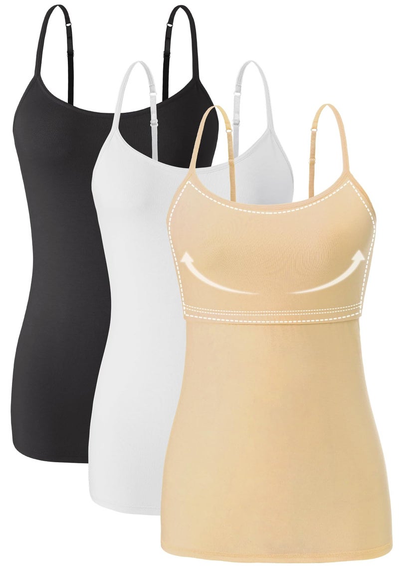 Orrpally Women Cotton Camisole Shelf Bra Cami Tank Tops Adjustable Spaghetti Strap Tank Top 3-Pack Black/White/Apricot L - Image 1